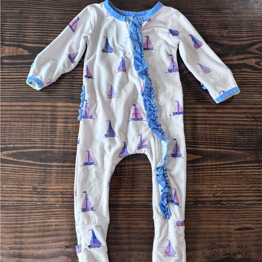 SweetHoney Cream Sailboat Print Footie Ruffle Layette 12mo